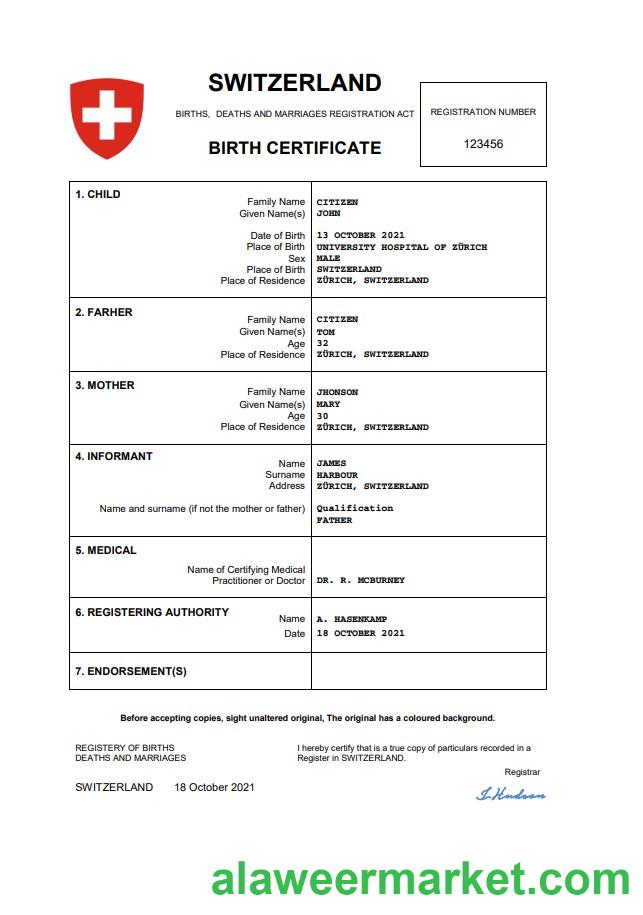 Switzerland vital record birth certificate Word and PDF template